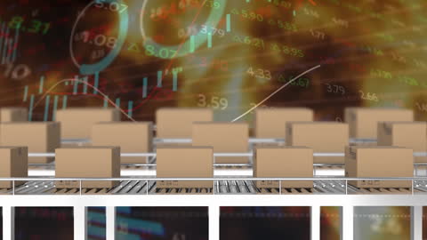Boxes on Conveyor Belt with Stock Market Data Overlay