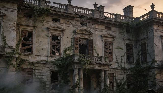 Derelict neoclassical mansion with overgrown facade and broken shutters at dusk