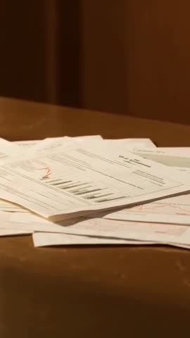 Vertical video zooming to stack of printed charts on wooden desk showing red trend line