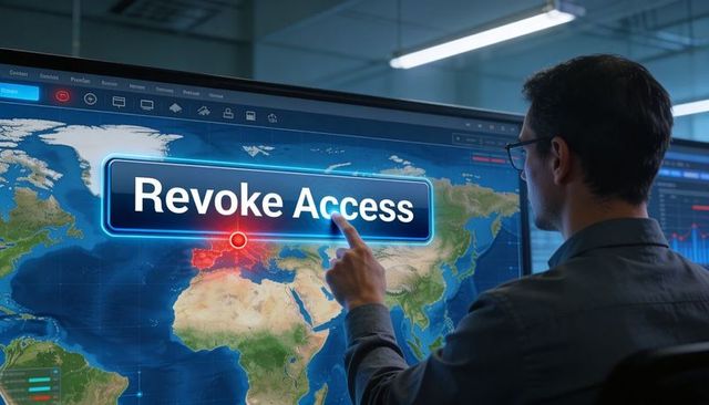 Operator revoking access on wall-sized geospatial touchscreen for cybersecurity control