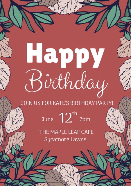 Perfect for creating a sophisticated and elegant birthday invitation for garden parties. This design features a lovely leafy frame and a warm color palette that adds a touch of nature and elegance to the event. Ideal for birthdays celebrated in tranquil garden settings or at upscale venues. Can be used digitally or printed for handout.