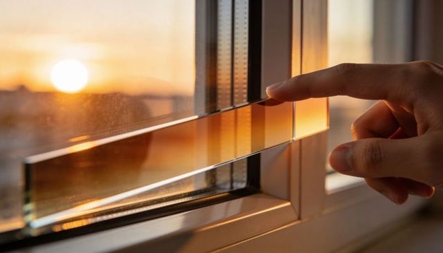 Hand sliding double-glazed window pane at sunset showing frame, spacer and warm reflection