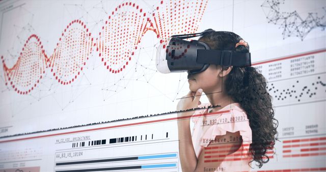 Young girl engaged in futuristic technology, using VR headset. Ideal for illustrating themes in education, science, and digital learning environments. Perfect for promoting STEM education programs, tech advancements, and interactive learning tools.