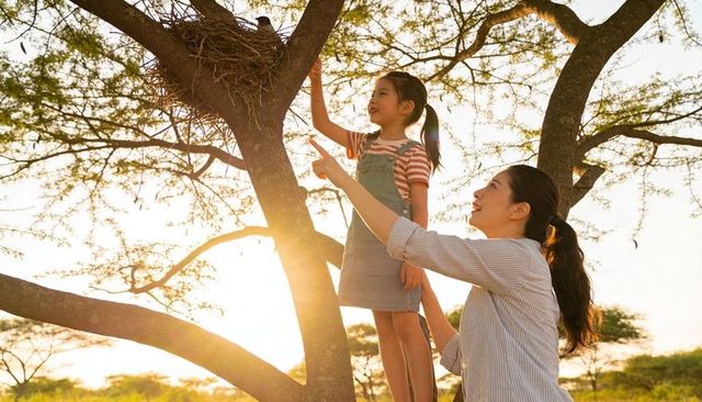 Mother guiding daughter to bird nest on tree limb during golden hour backlight