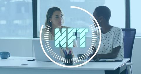 Diverse Coworkers Collaborating in Modern Office with NFT Concept Overlay