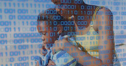 Woman adjusting child's backpack on beach with blue binary code overlay