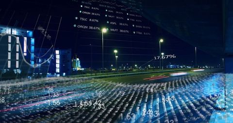 Futuristic highway with motion blur and data overlay at night