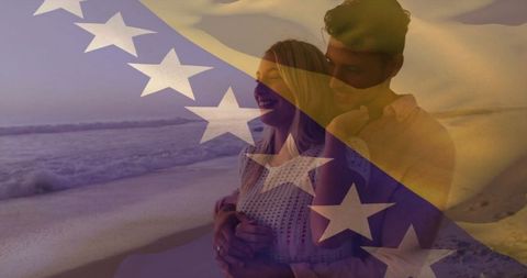 Romantic Couple on Beach with Bosnian Flag Overlay