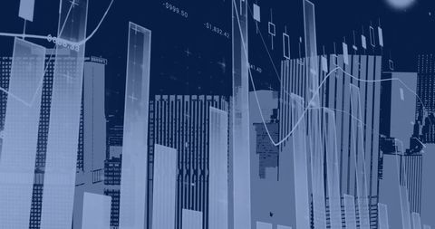 Financial Graphs Overlay on Urban Skyline Illustrates Global Economy