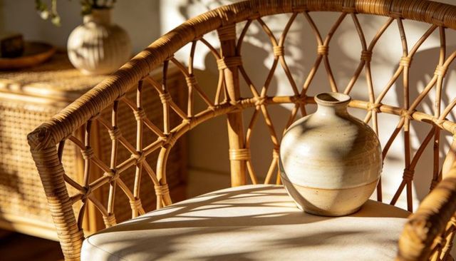 Sunlit rattan chair featuring ceramic vase on off-white cushion casting warm soft shadows