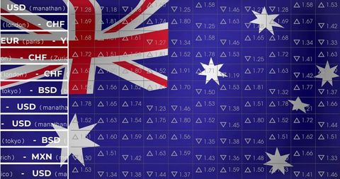 Australian flag overlays virtual trading screen with currency list