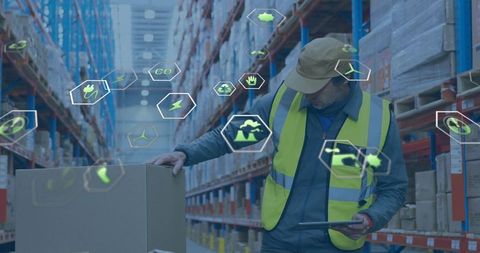 Warehouse Employee Using Tablet for Eco-Friendly Logistics Management