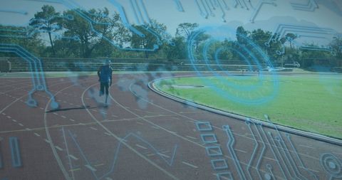 Athlete Embracing Technology on Track with Digital Circuit Overlay - Download Free Stock Images Pikwizard.com