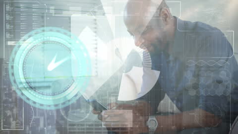 Businessman Analyzing Data with Digital Interface Display