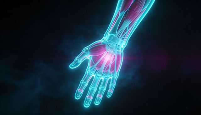 Neon 3d forearm and hand anatomy showing bones, muscles and tendons with glowing wrist