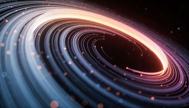 Spiraling Neon Vortex of Light Rings Forming Concentric Cosmic Glow with Particles and Depth