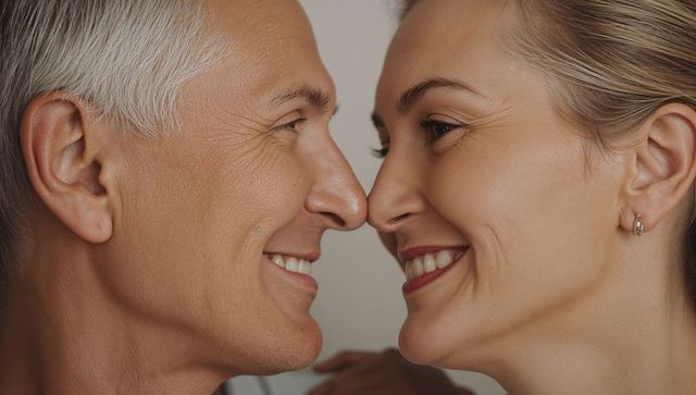 Closeup intimate mature couple sharing warm smile and tender eye contact