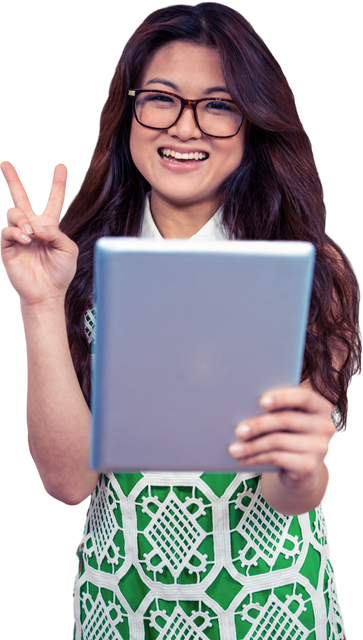 Transparent Woman Holding Tablet Showing Peace Sign Indoors - Download Free Stock Videos Pikwizard.com