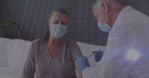 Doctor Vaccinating Woman Amid Pandemic, Medical and Data Overlay