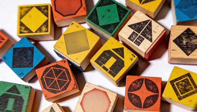 Yellow wooden block showing black house icon among worn colorful geometric toy blocks