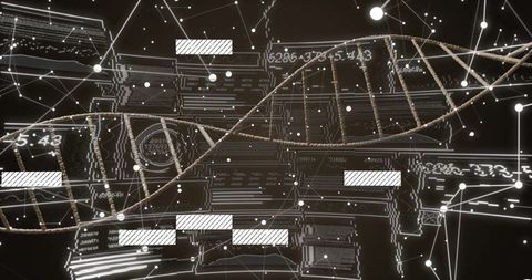 Futuristic Glowing DNA Helix Over Virtual Data Network