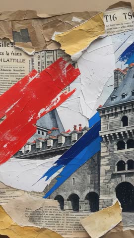Vertical video revealing layered mixed-media collage with torn newspaper and bold paint strokes