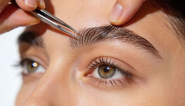 Precision eyebrow tweezing closeup with slanted tweezers near hazel eye for brow grooming