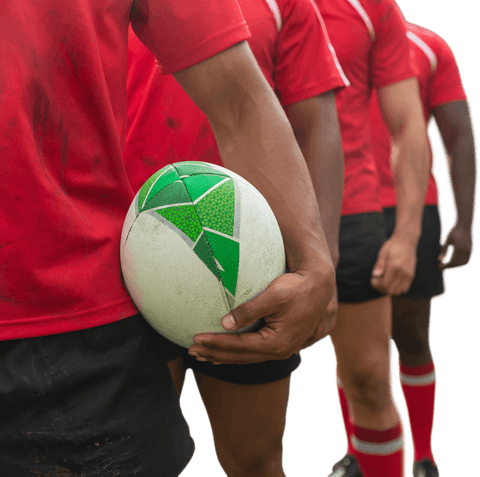 Diverse rugby players forming line on transparent background