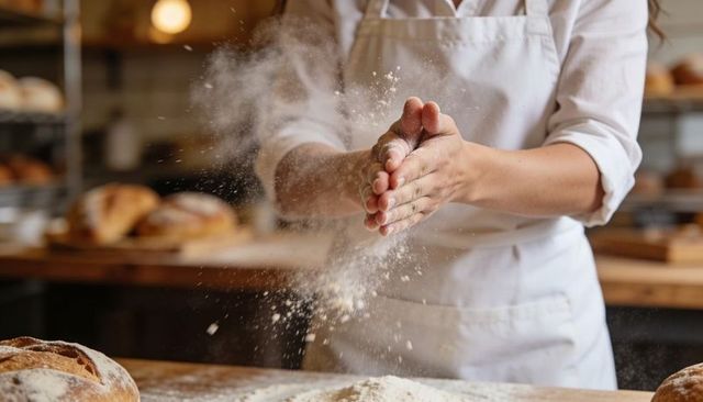 Artisan baker clapping flour cloud over wooden workbench with crusty sourdough loaves
