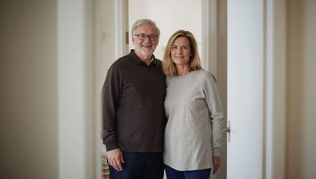 Senior couple standing in home entryway smiling wearing casual sweaters by white door