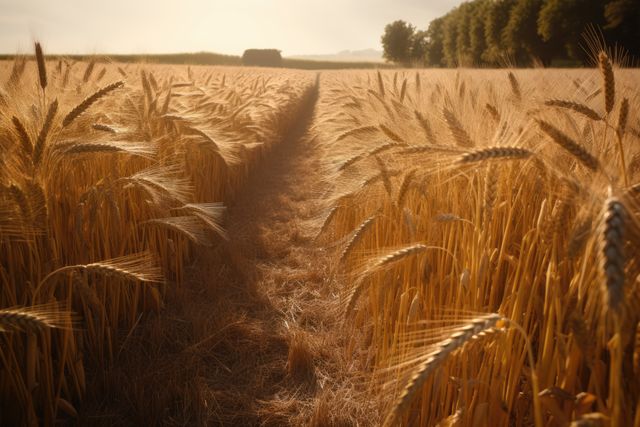 General scenery of wheat fields on sunny day, created using generative ai technology. Countryside, agriculture and landscape concept digitally generated image.