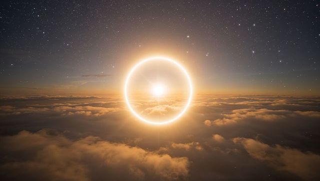 Glowing halo ring encircling sunrise above cloud deck with starry twilight sky