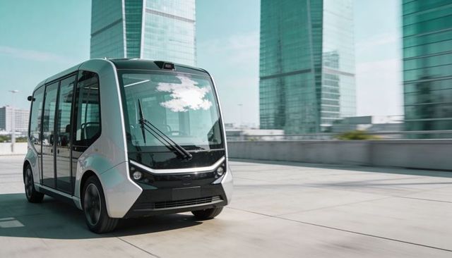 Gliding autonomous electric shuttle with panoramic glass and sliding doors on urban plaza