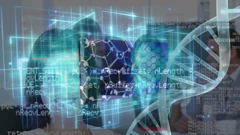 DNA Helix Overlays on Diverse Business Team with Data Visualization