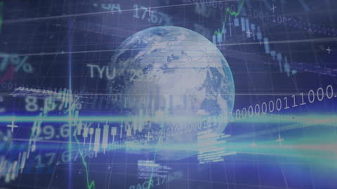 Global Financial Data Processing Over Earth Animated Blue-background Overlay