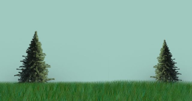 Illustrative image of green pine trees growing on grassy land against clear blue sky, copy space. Vector, abstract, nature, lush foliage and scenery concept.