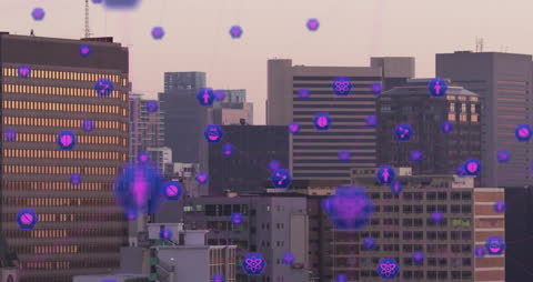 Digital Network Interface Overlay on Modern Cityscape