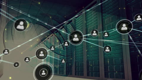 Networking Icons Overlay on Modern Server Room