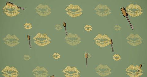 Mascara and lip icons on green fashion pattern
