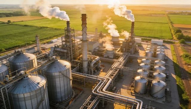 Aerial processing plant glowing at golden hour, pipelines and storage tanks emitting steam