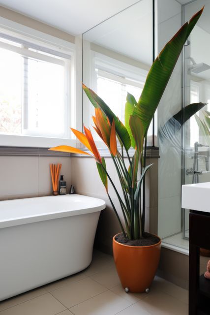 A contemporary bathroom featuring a sleek freestanding bathtub beside a lush Bird of Paradise plant in an orange pot. Large windows allow ample natural light to illuminate the space. Ideal for use in articles, blog posts, or advertisements related to modern home decor, interior design inspiration, or lifestyle tips.