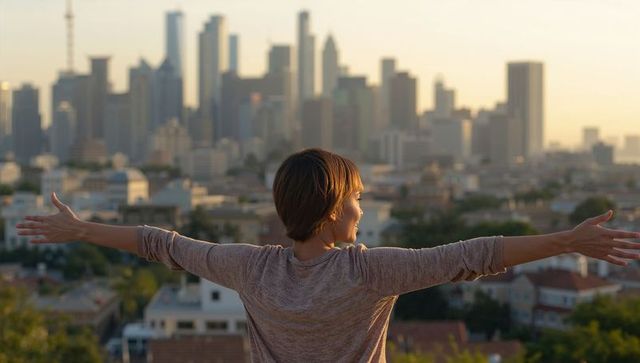 Woman stretching arms on rooftop overlooking city skyline at golden hour