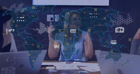 Global strategy meeting in high-tech boardroom