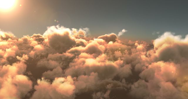 Warm sunset lighting fluffy clouds from above, creating a serene and tranquil aesthetic. Excellent for backgrounds in nature-themed projects, inspirational posters, wallpapers, or serene advertisements. Suitable for evoking a sense of peace and natural beauty.