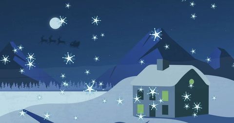 Santa Claus Silhouette and Reindeer Over Winter Night Scene