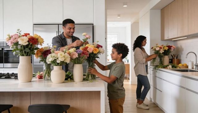 Family arranging colorful flower bouquets on marble kitchen island with ceramic vases