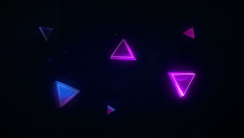 Floating Neon Triangle Wireframes in Dark Void with Magenta and Blue Glowing Halos Synthwave