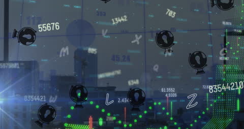 Digital Glitches with Globe Icons Over Urban Cityscape