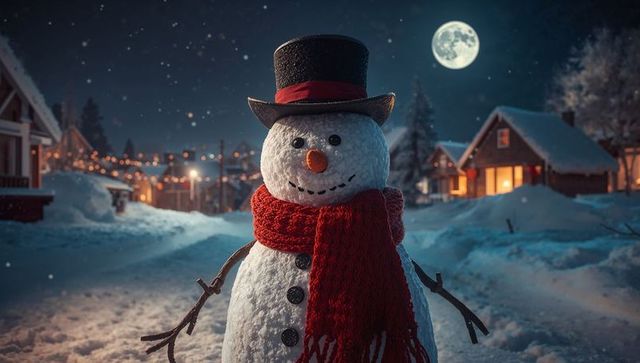 Charming snowman in winter village under moonlit sky