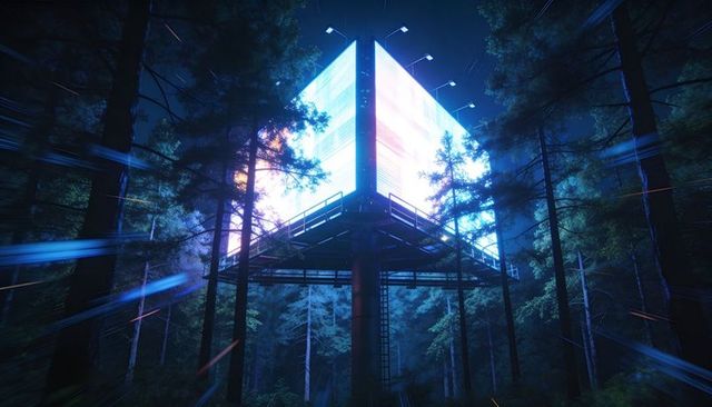 Glowing cubic beacon illuminating conifer forest night with neon cyan magenta light